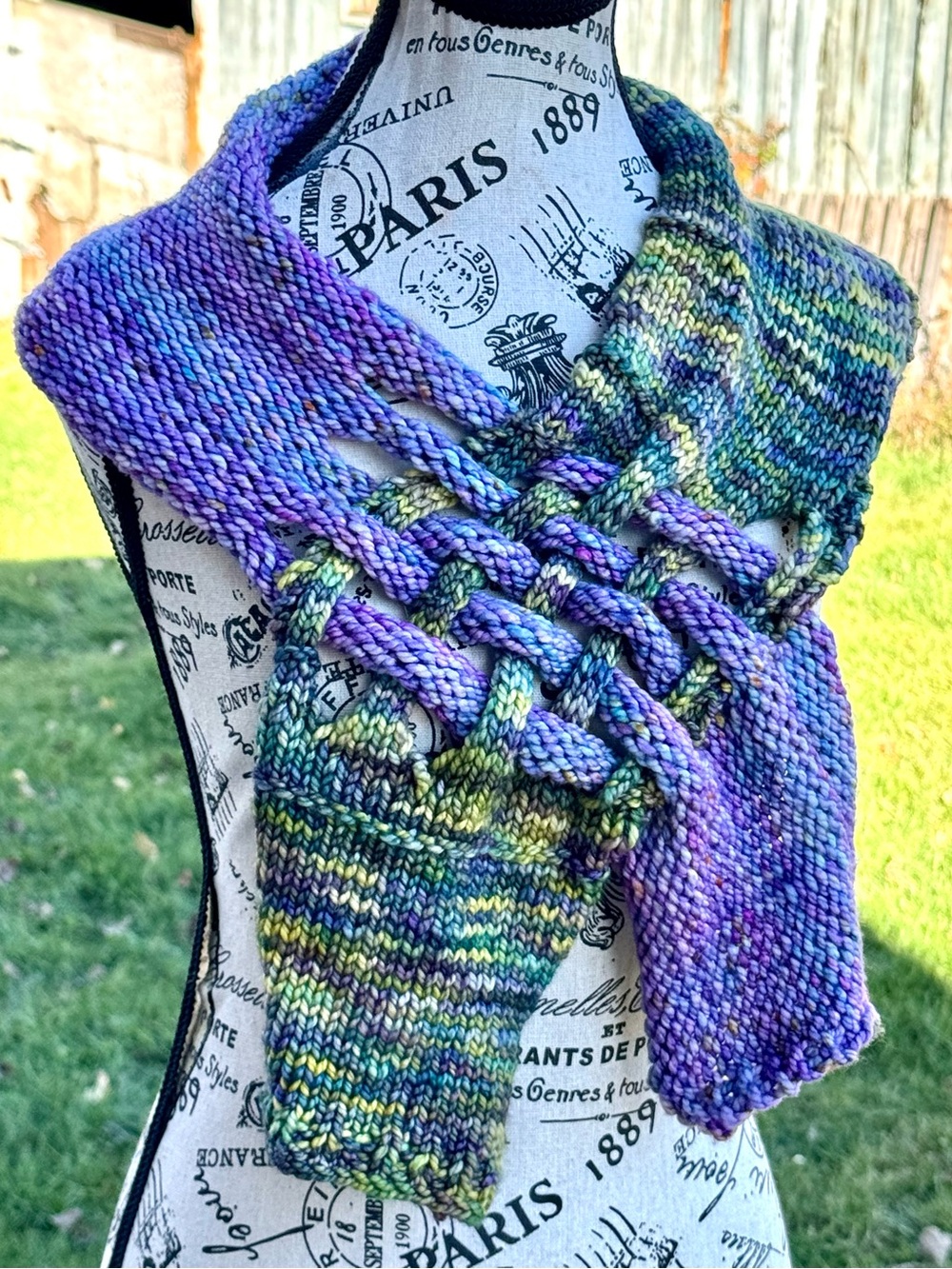 Handwoven Braided Knit Wrap Scarf in Purple and Green